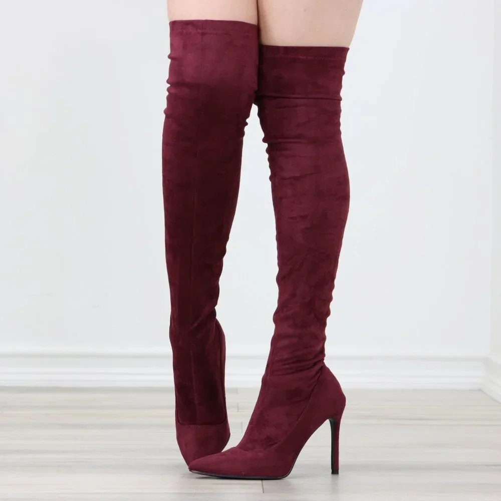 Wine Women's Thigh High Boots Faux Suede Pointed Toe Stilettos - Picture 7 of 15
